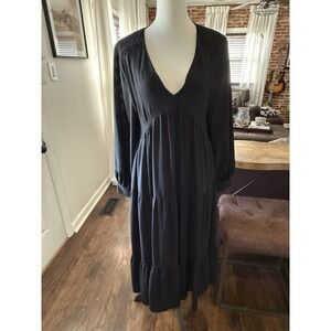 Zara Black V Neck Long Sleeve 100% Cotton maxi dress size Medium